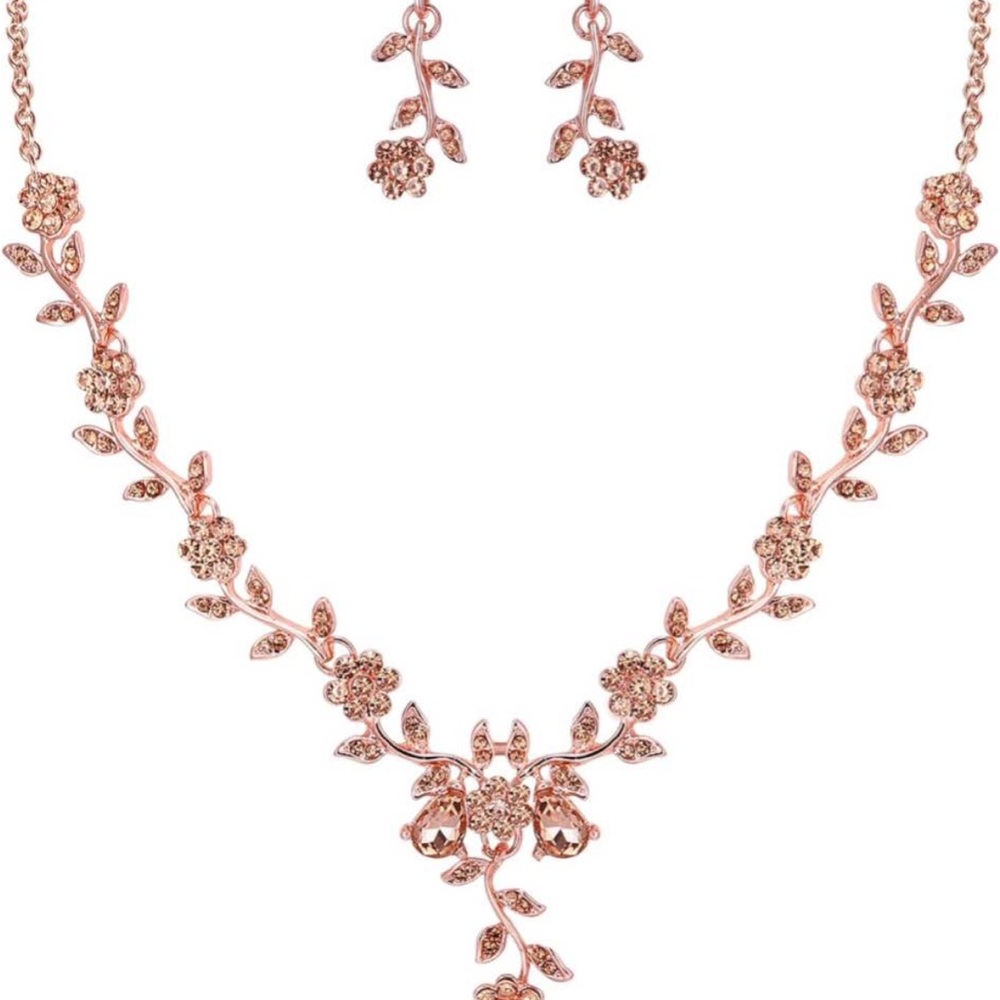 Elegant Rose Gold Floral Necklace and Earring Set